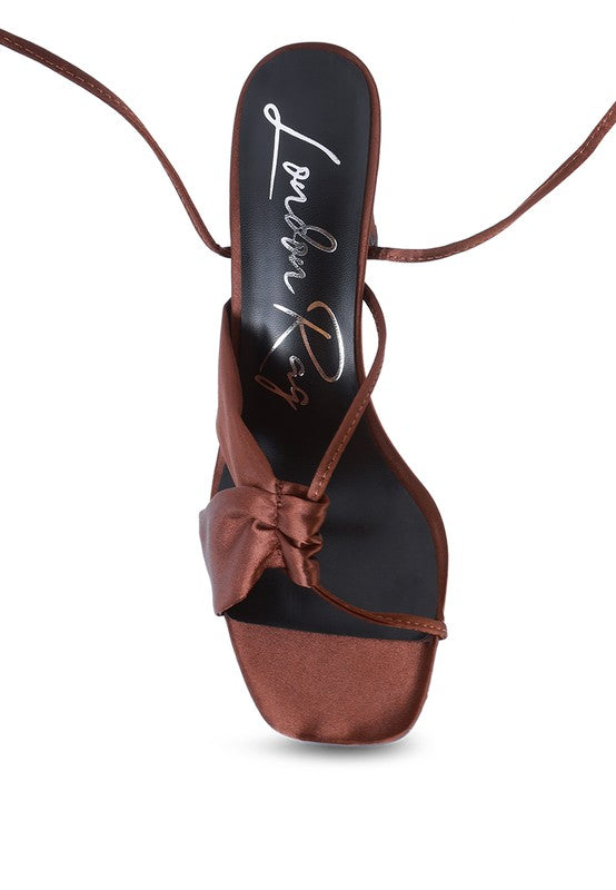 CHASM RUCHED SATIN TIE UP BLOCK HEELED SANDALS - Tigbul's Variety Fashion Shop