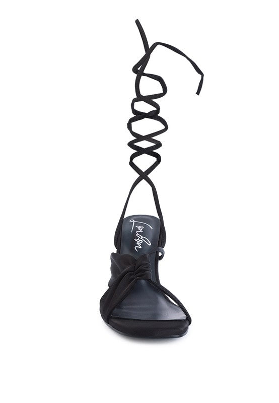 CHASM RUCHED SATIN TIE UP BLOCK HEELED SANDALS - Tigbul's Variety Fashion Shop