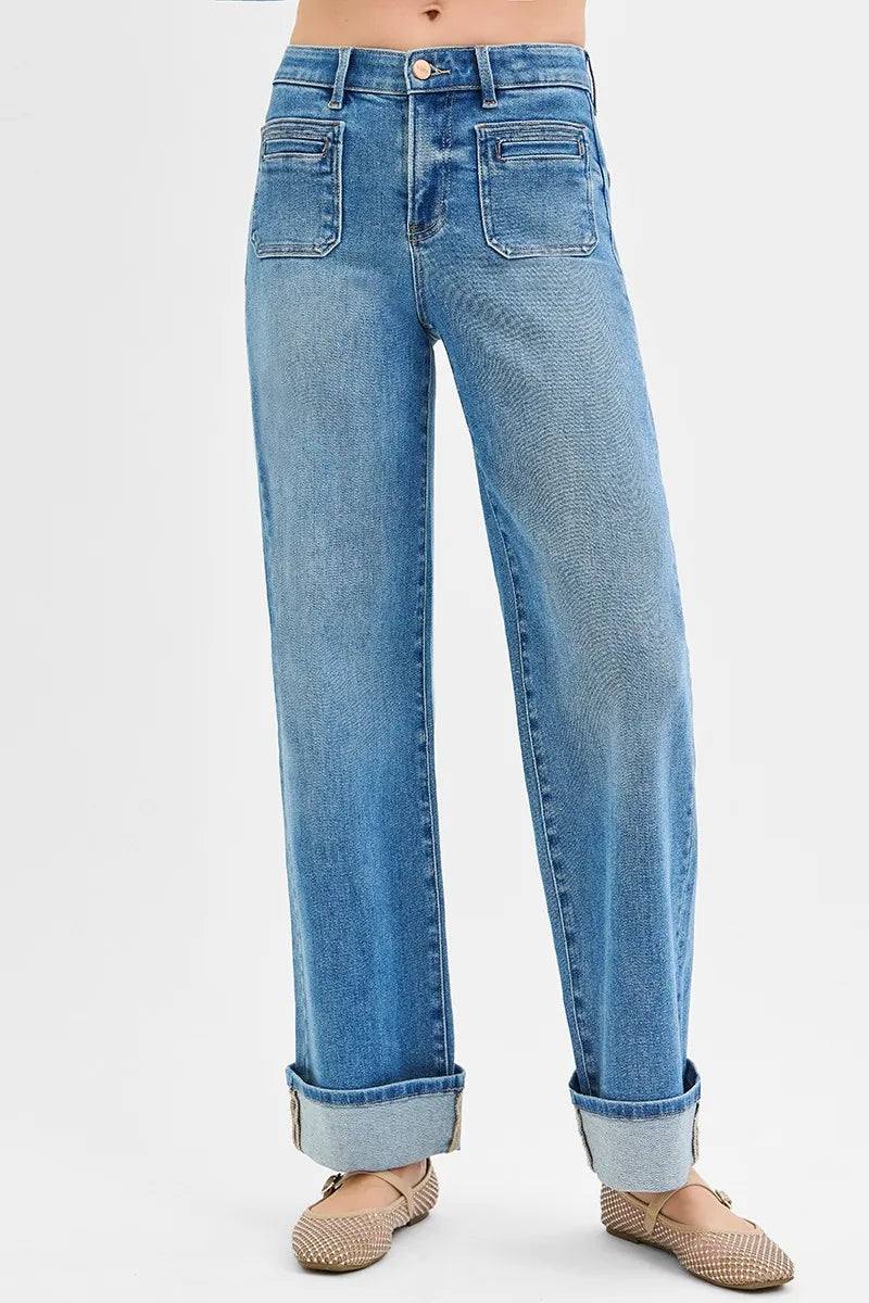 RISEN Elastic Band Mid Rise Wide Front Patch Pocket Cuff Jeans - Tigbul's Variety Fashion Shop