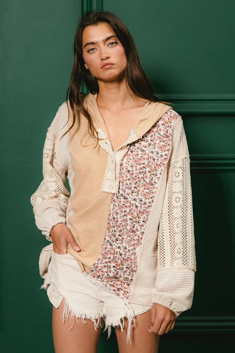 BiBi Slub Jersey with Lace Combo Buttoned Hoodie Top - Tigbul's Variety Fashion Shop