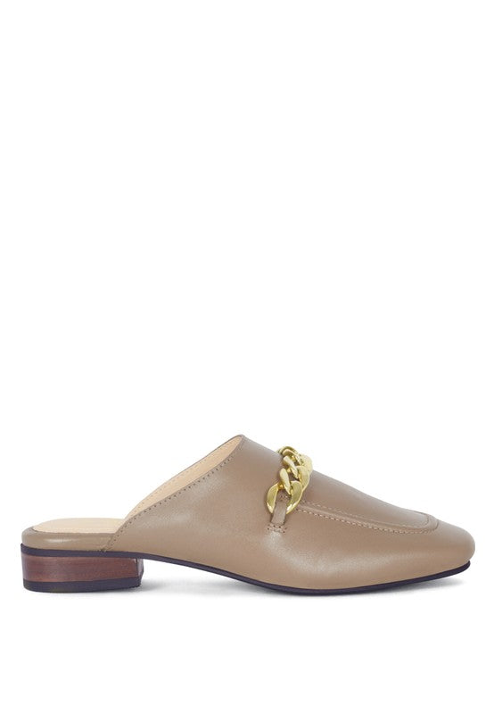 HONEY LEATHER METAL CHAIN MULES - Tigbul's Variety Fashion Shop
