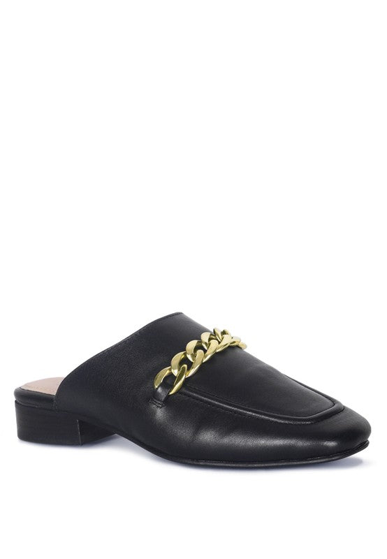 HONEY LEATHER METAL CHAIN MULES - Tigbul's Variety Fashion Shop