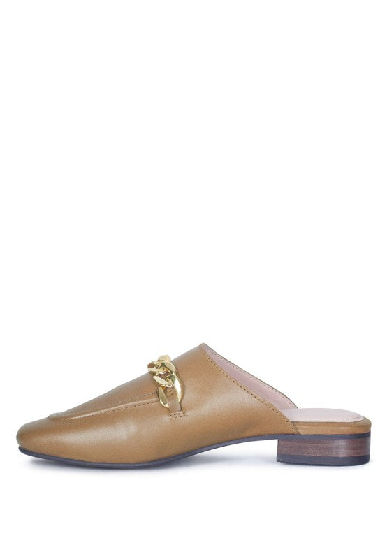 HONEY LEATHER METAL CHAIN MULES - Tigbul's Variety Fashion Shop