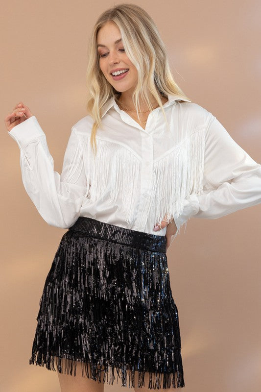 Satin Shirt Blouse with Chevron Fringe - Tigbul's Variety Fashion Shop