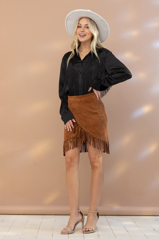 Satin Shirt Blouse with Chevron Fringe - Tigbul's Variety Fashion Shop