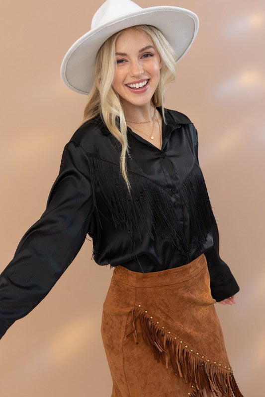 Satin Shirt Blouse with Chevron Fringe - Tigbul's Variety Fashion Shop