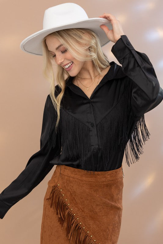 Satin Shirt Blouse with Chevron Fringe - Tigbul's Variety Fashion Shop