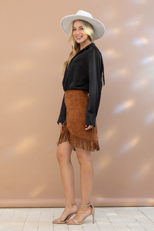 Satin Shirt Blouse with Chevron Fringe - Tigbul's Variety Fashion Shop