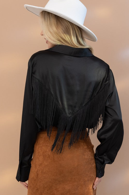 Satin Shirt Blouse with Chevron Fringe - Tigbul's Variety Fashion Shop