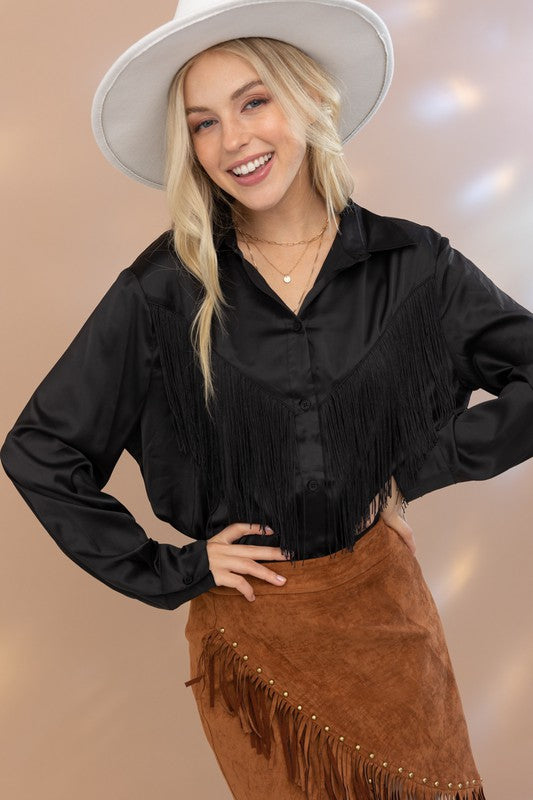 Satin Shirt Blouse with Chevron Fringe - Tigbul's Variety Fashion Shop