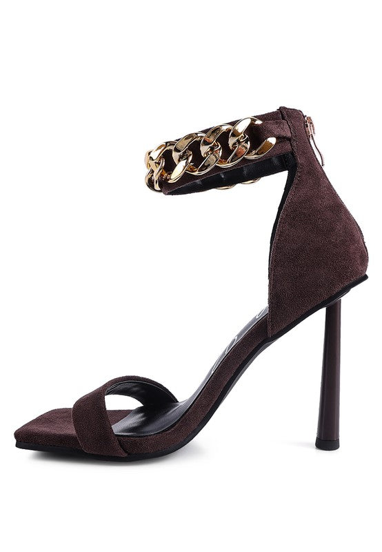 LAST SIP HEELED FAUX SUEDE CHAIN STRAP SANDAL - Tigbul's Variety Fashion Shop
