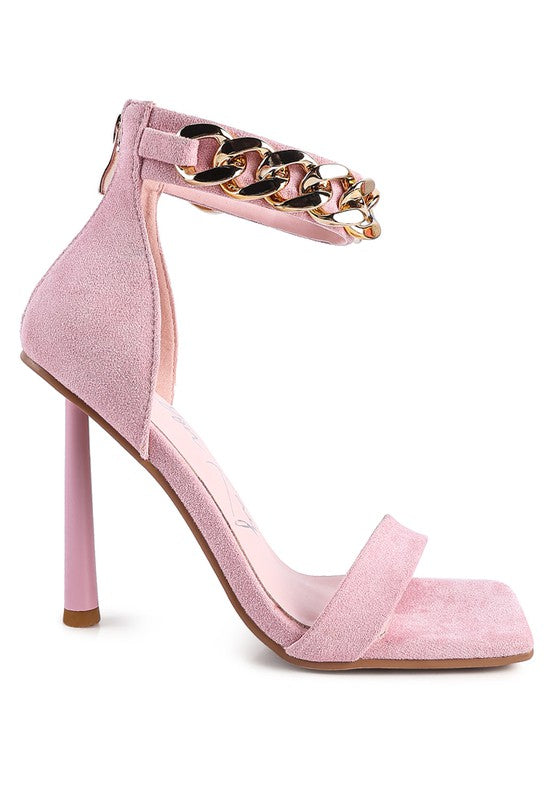 LAST SIP HEELED FAUX SUEDE CHAIN STRAP SANDAL - Tigbul's Variety Fashion Shop