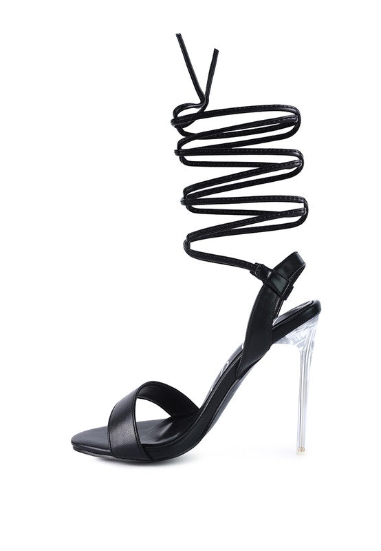 SHEENY CLEAR STILETTO LACE UP SANDAL - Tigbul's Variety Fashion Shop