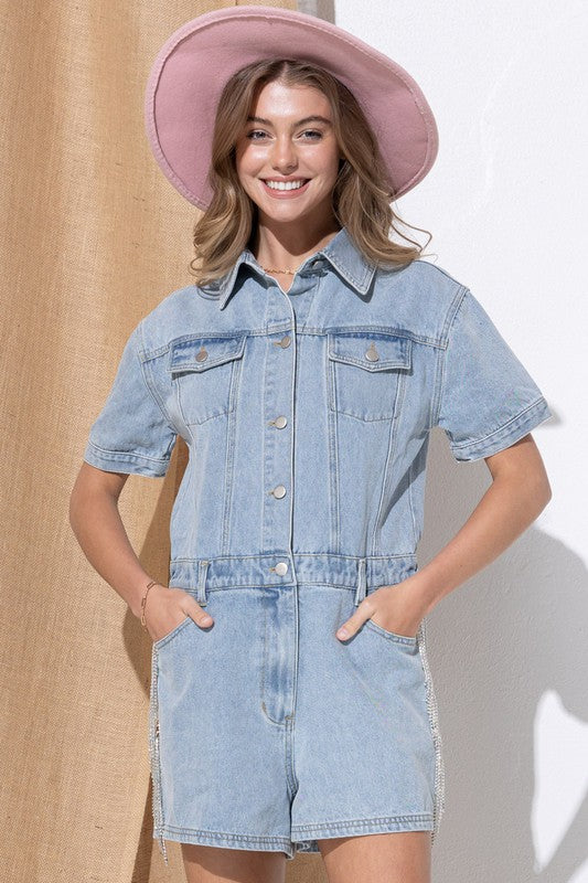 Washed Denim Overall Romper - Tigbul's Variety Fashion Shop