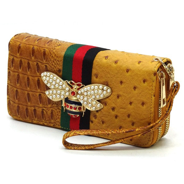 Queen Bee Stripe Ostrich Double Zip Around Wallet - Tigbul's Variety Fashion Shop