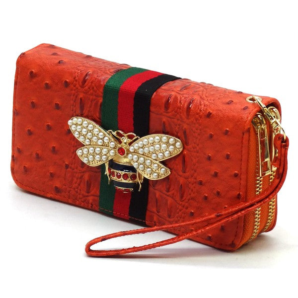Queen Bee Stripe Ostrich Double Zip Around Wallet - Tigbul's Variety Fashion Shop