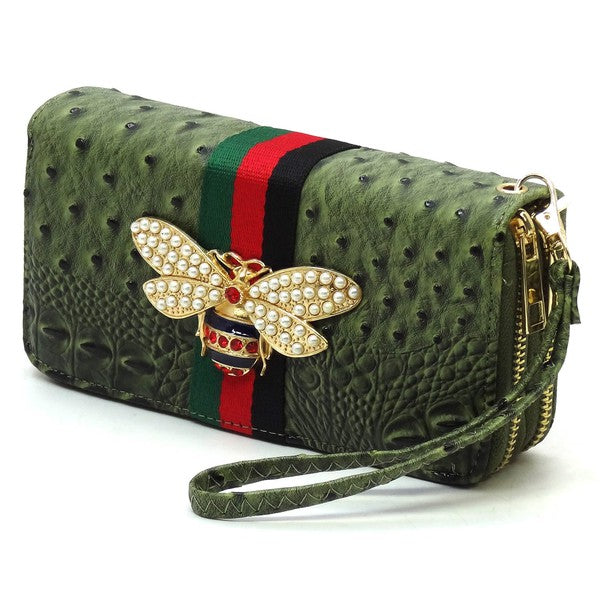Queen Bee Stripe Ostrich Double Zip Around Wallet - Tigbul's Variety Fashion Shop