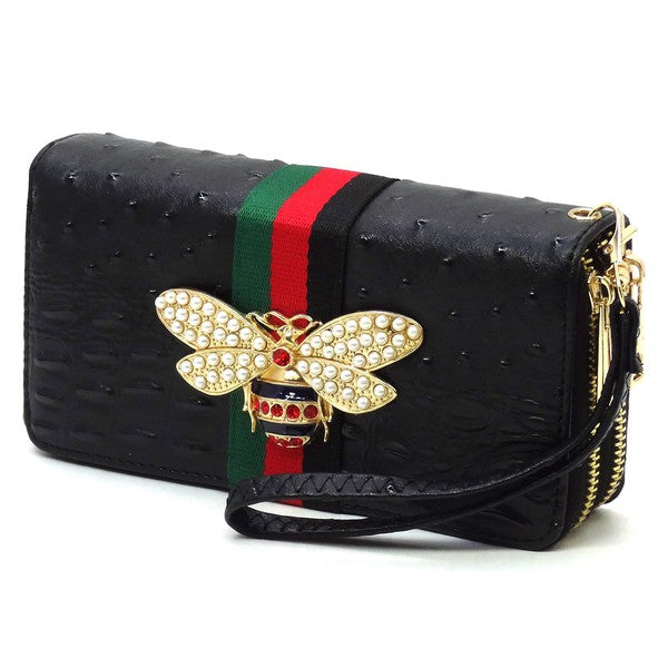 Queen Bee Stripe Ostrich Double Zip Around Wallet - Tigbul's Variety Fashion Shop