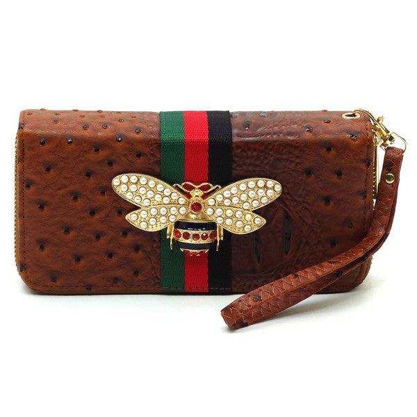 Queen Bee Stripe Ostrich Double Zip Around Wallet - Tigbul's Variety Fashion Shop