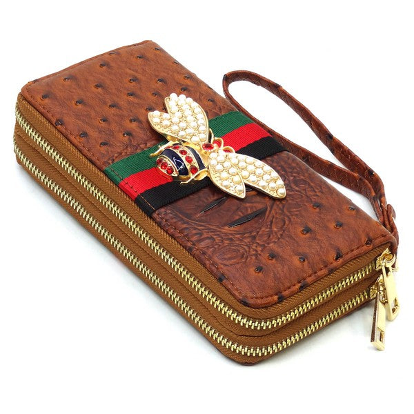 Queen Bee Stripe Ostrich Double Zip Around Wallet - Tigbul's Variety Fashion Shop