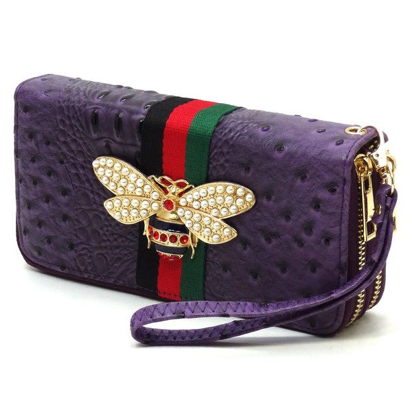 Queen Bee Stripe Ostrich Double Zip Around Wallet - Tigbul's Variety Fashion Shop