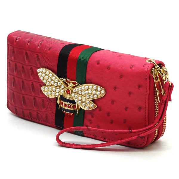Queen Bee Stripe Ostrich Double Zip Around Wallet - Tigbul's Variety Fashion Shop