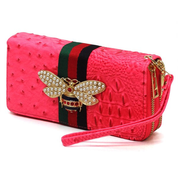 Queen Bee Stripe Ostrich Double Zip Around Wallet - Tigbul's Variety Fashion Shop