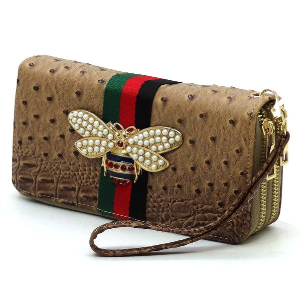 Queen Bee Stripe Ostrich Double Zip Around Wallet - Tigbul's Variety Fashion Shop