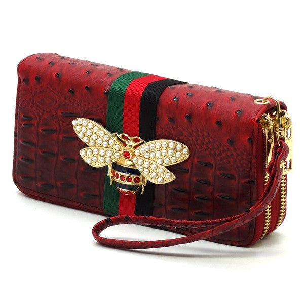Queen Bee Stripe Ostrich Double Zip Around Wallet - Tigbul's Variety Fashion Shop