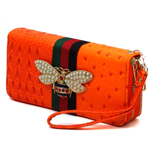 Queen Bee Stripe Ostrich Double Zip Around Wallet - Tigbul's Variety Fashion Shop