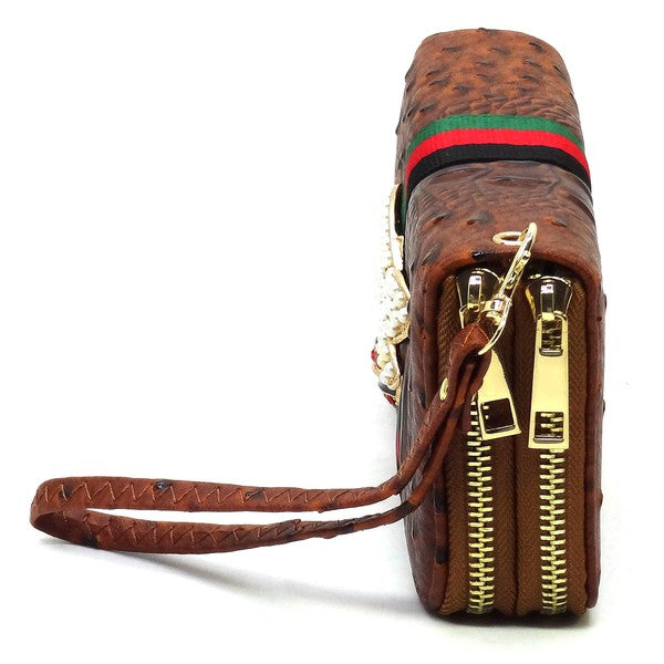 Queen Bee Stripe Ostrich Double Zip Around Wallet - Tigbul's Variety Fashion Shop