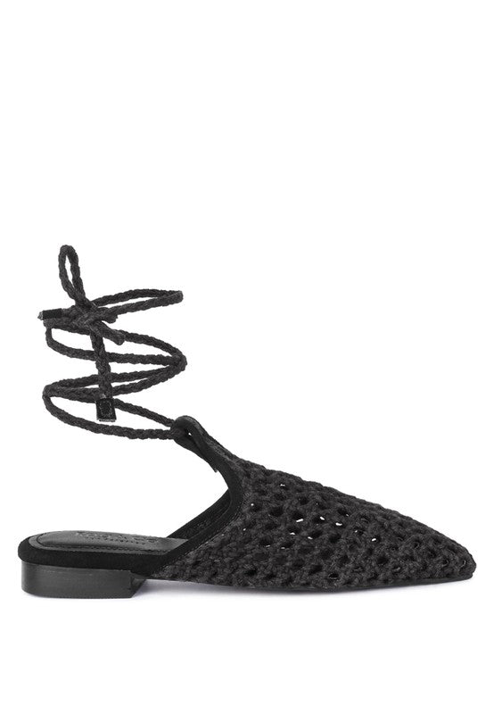 TUTSI HANDWOVEN HONEYCOMB COTTON TIE UP MULE FLATS - Tigbul's Variety Fashion Shop