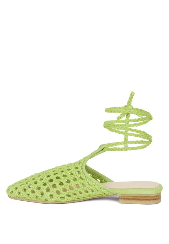 TUTSI HANDWOVEN HONEYCOMB COTTON TIE UP MULE FLATS - Tigbul's Variety Fashion Shop