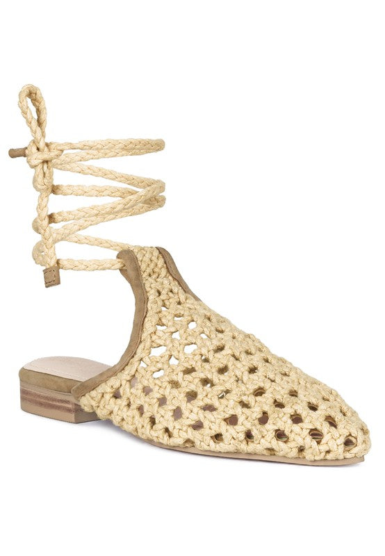 TUTSI HANDWOVEN HONEYCOMB COTTON TIE UP MULE FLATS - Tigbul's Variety Fashion Shop