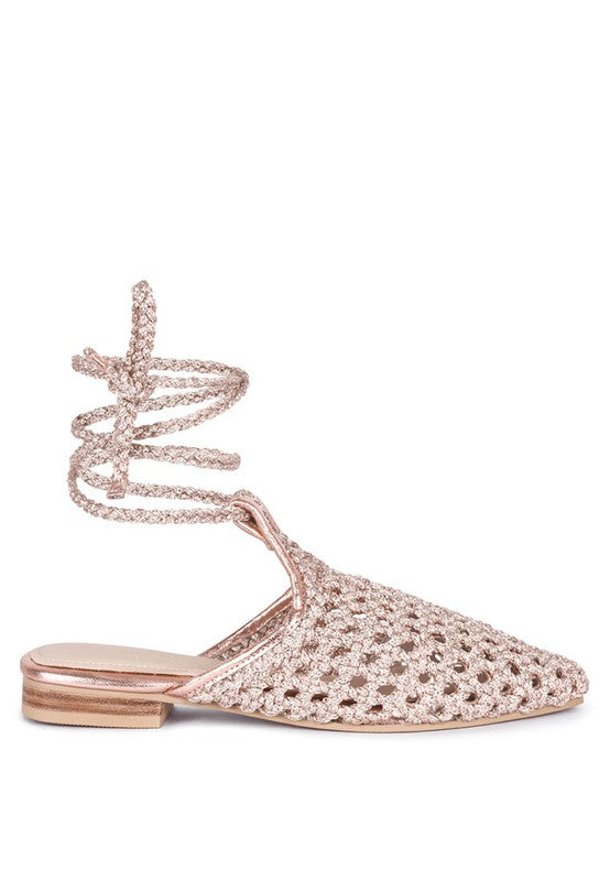 TUTSI HANDWOVEN HONEYCOMB COTTON TIE UP MULE FLATS - Tigbul's Variety Fashion Shop