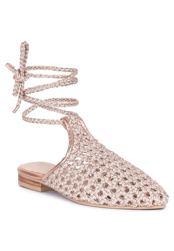 TUTSI HANDWOVEN HONEYCOMB COTTON TIE UP MULE FLATS - Tigbul's Variety Fashion Shop