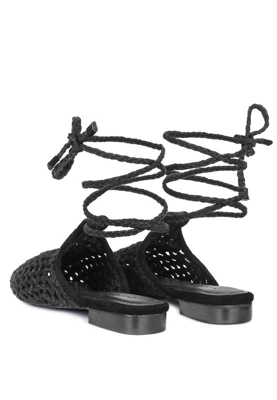TUTSI HANDWOVEN HONEYCOMB COTTON TIE UP MULE FLATS - Tigbul's Variety Fashion Shop