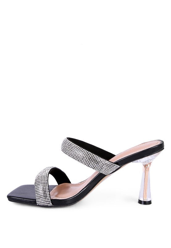 DOLLS DIAMANTE MID HEEL SLIDE SANDALS - Tigbul's Variety Fashion Shop