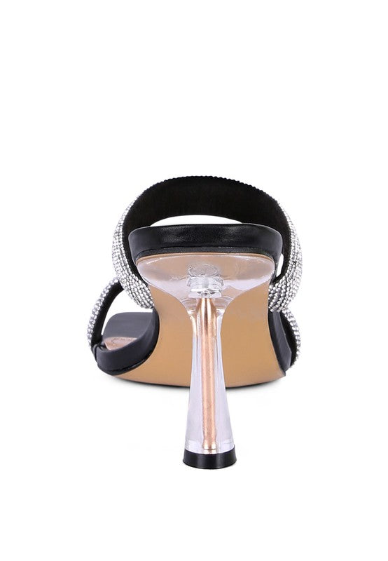 DOLLS DIAMANTE MID HEEL SLIDE SANDALS - Tigbul's Variety Fashion Shop