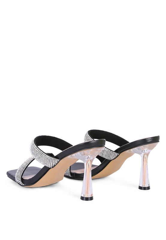 DOLLS DIAMANTE MID HEEL SLIDE SANDALS - Tigbul's Variety Fashion Shop