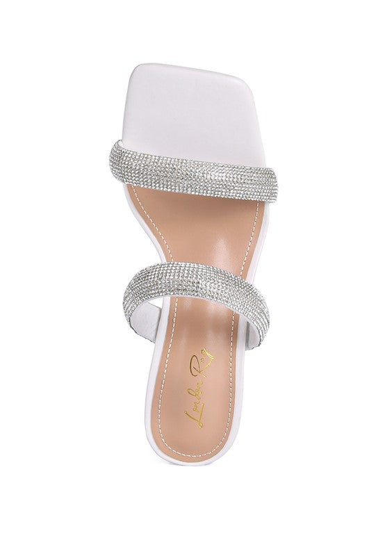 DOLLS DIAMANTE MID HEEL SLIDE SANDALS - Tigbul's Variety Fashion Shop