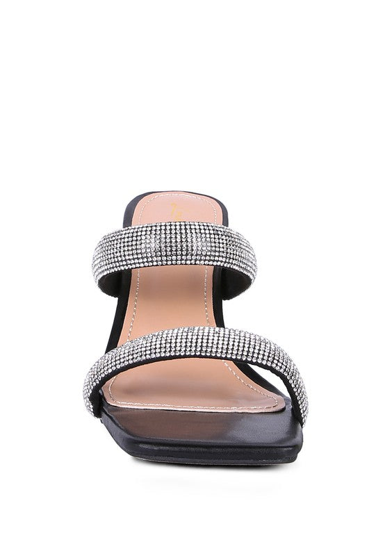 DOLLS DIAMANTE MID HEEL SLIDE SANDALS - Tigbul's Variety Fashion Shop