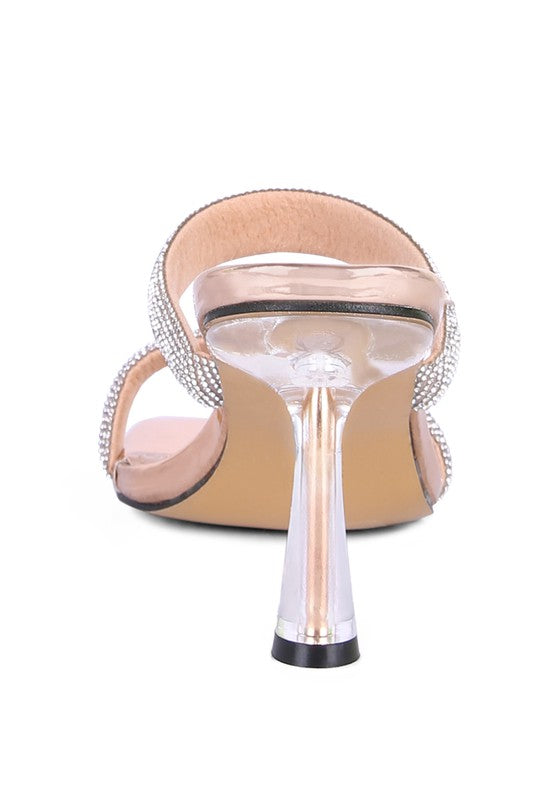 DOLLS DIAMANTE MID HEEL SLIDE SANDALS - Tigbul's Variety Fashion Shop