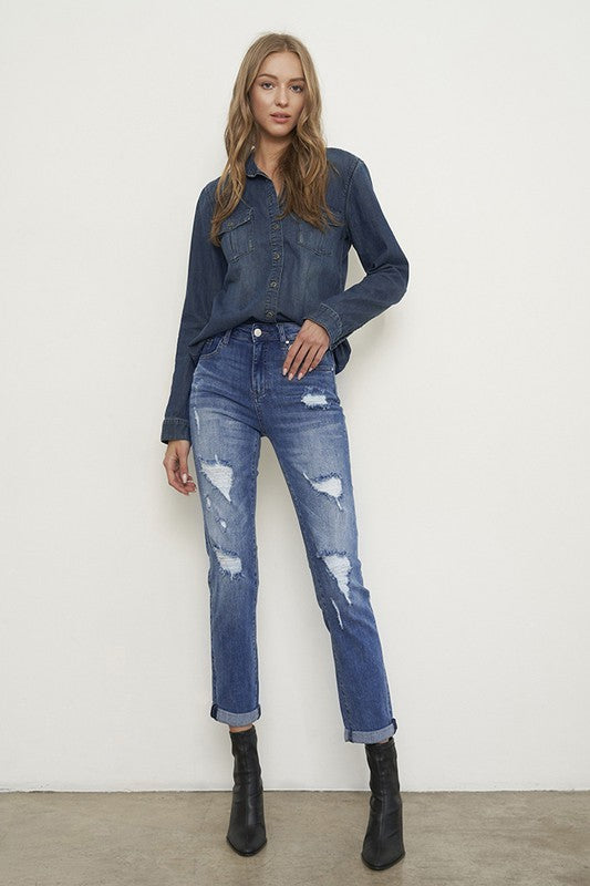 Distressed Front Girlfriend Jeans - Tigbul's Variety Fashion Shop