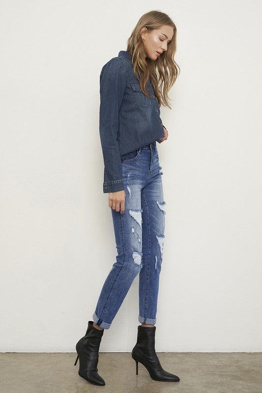 Distressed Front Girlfriend Jeans - Tigbul's Variety Fashion Shop