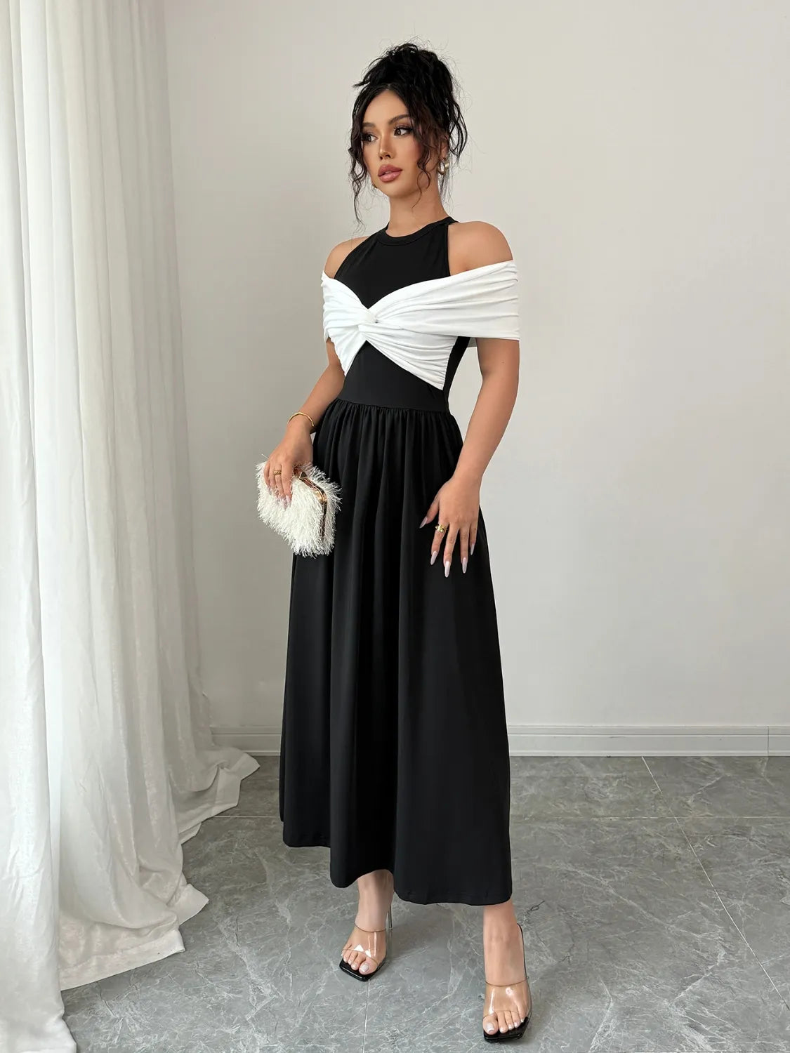 Twisted Contrast Cold Shoulder Midi Dress - Tigbul's Variety Fashion Shop