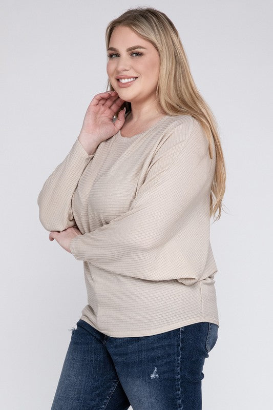 Plus Ribbed Batwing Long Sleeve Boat Neck Sweater - Tigbul's Variety Fashion Shop