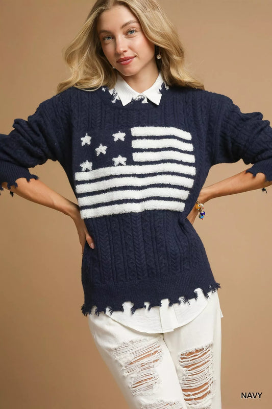 Umgee Distressed American Flag Sweater - Tigbul's Variety Fashion Shop