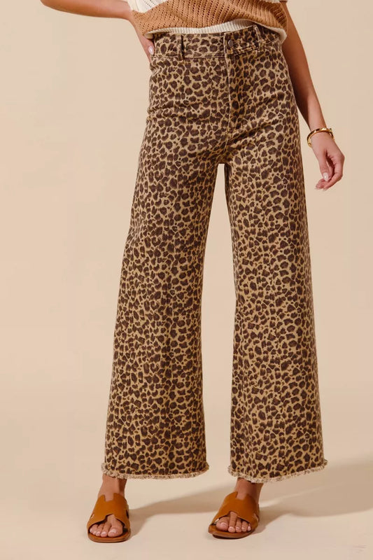 SO ME Mid Rise Leopard Twill Frayed Hem Wide Leg Pants - Tigbul's Variety Fashion Shop