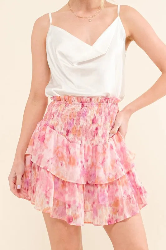 Printed Lurex Smocked Waist Tiered Skort - Tigbul's Variety Fashion Shop